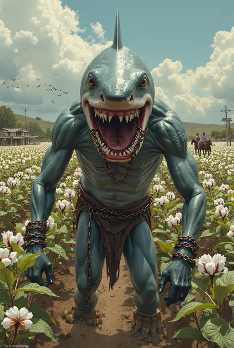 Make a shark with arms and legs and that is chained working on a cotton farm 