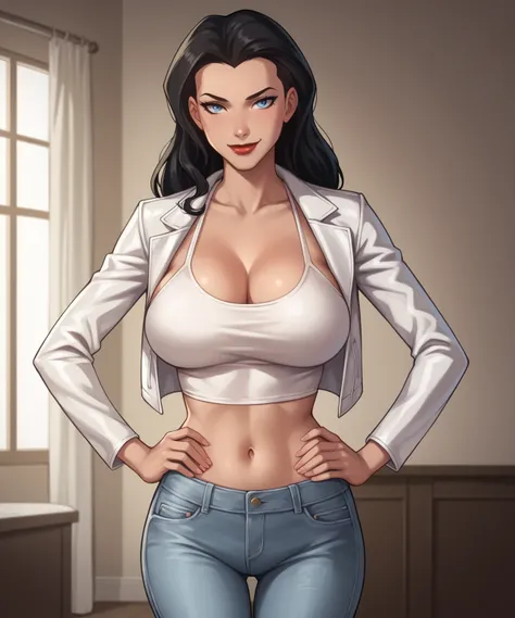 safe_pos, PonyXLV6_Scores BREAK ((parody style, parody), perfect anatomy, perfect eyes, cowboy shot), BREAK zatanna, black hair, blue eyes, dark red lipstick, black makeup, ((looking at viewer)), white jeans, curvy, athletic, large breasts, standing, indoo...