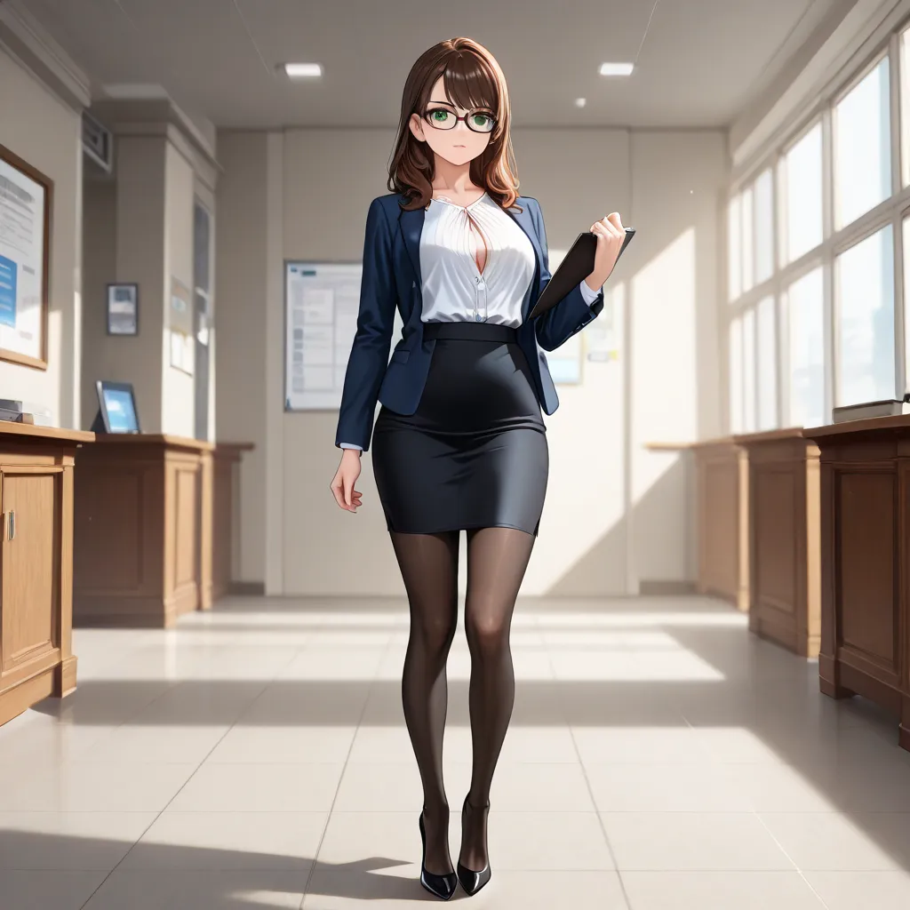 A stern and attractive brunette woman. She is dressed in very tight office attire. ((Glasses)) (big breasts), (green eyes) (tall) (pantyhose) heels, holding a clipboard. ((Office setting)) 