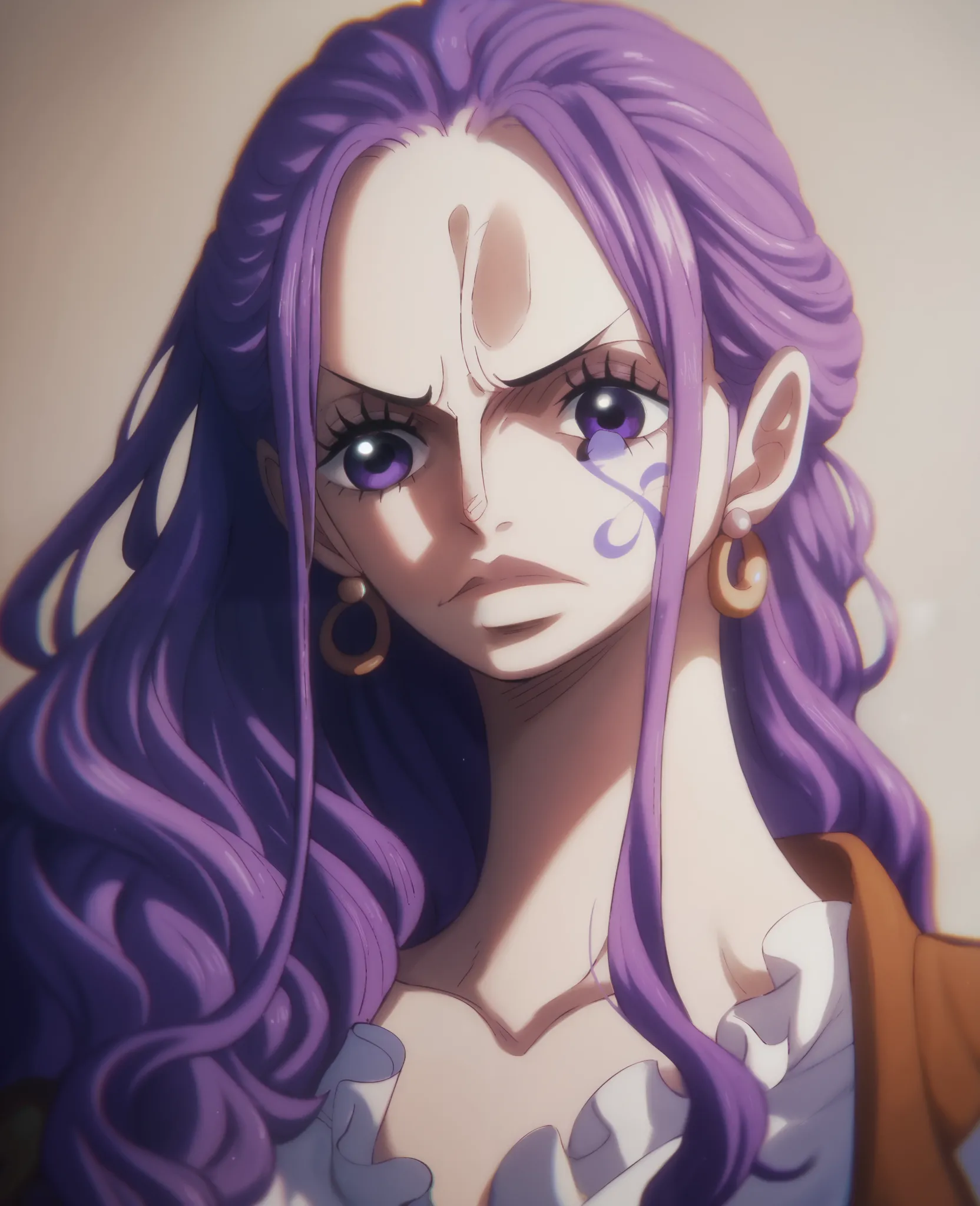 A character from the anime one piece. A woman, purple long hair, elegant steampunk , traditional face tattoos, best quality, gorgeous 