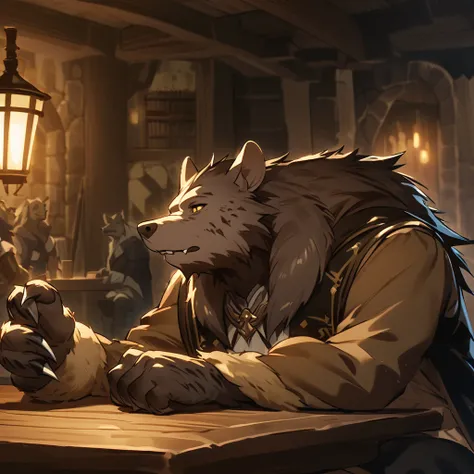 Character: A tall gnoll man with dark brown fur and a hyena's head, short ears, golden eyes, thick fur, clawed hands, and dark aristocratic clothing with sleeves. Sitting at a table in a tavern in low light, looking away. Fantasy.