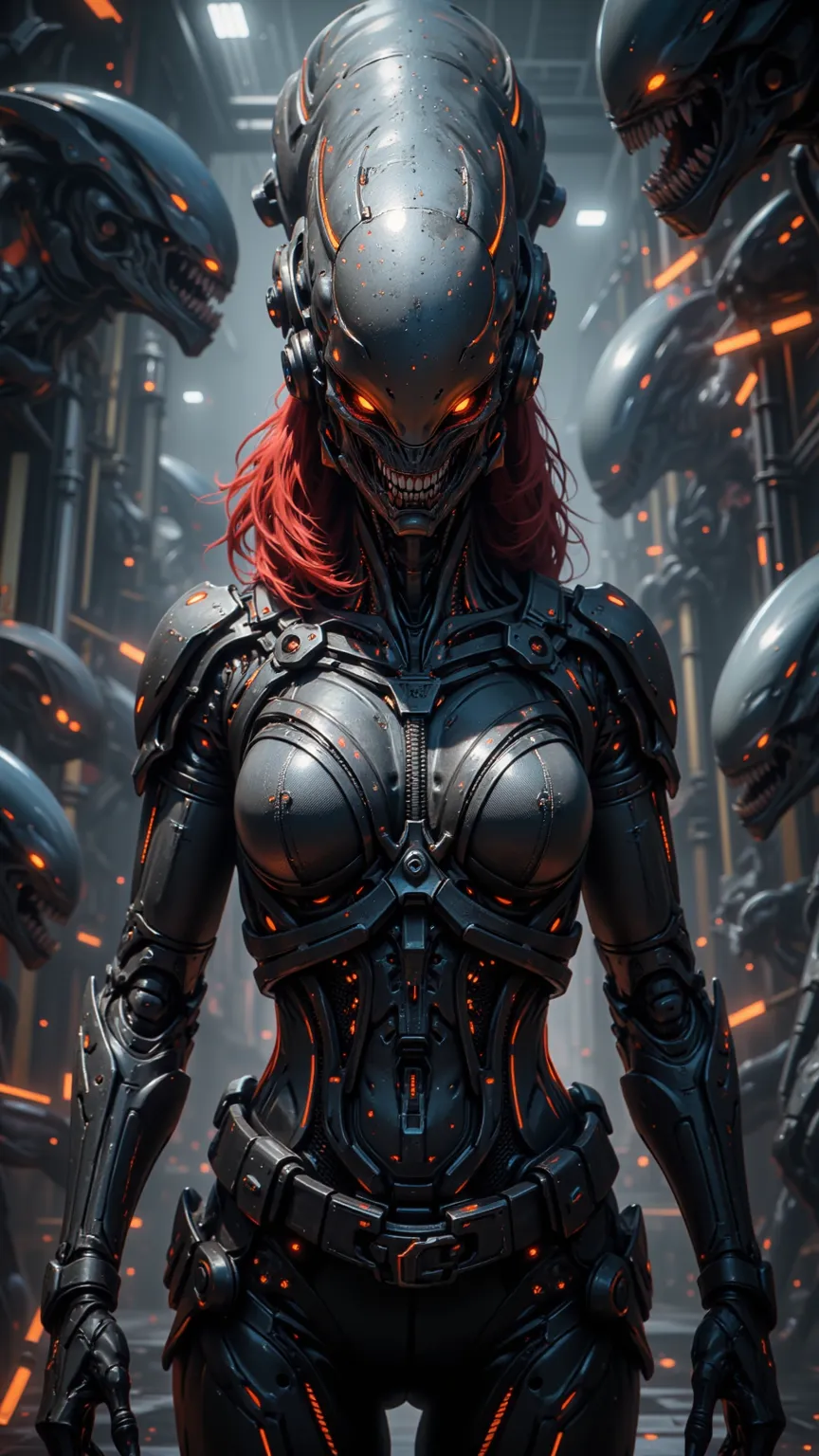 Black Widow in a remote laboratory, red hair, Expressionless face, hologram skin face, Advanced technical equipment, mechanical body, Committed to a groundbreaking discovery, Black Widow in a remote laboratory wearing a futuristic costume, Surrounded by co...