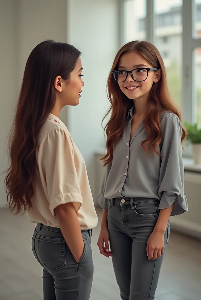 Make a picture in which a short female teacher with a smile talks to a slightly tall schoolgirl, the schoolgirl has big beautiful brown eyes, long hair, gray jeans and a gray blouse and she also has glasses