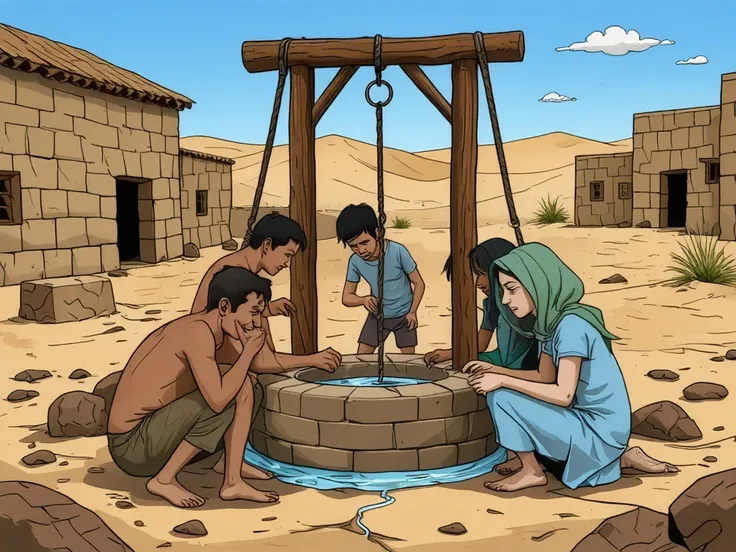 A cartoon of a well on the outskirts of a mud village in the desert of Riyadh. Around the well are men and ren who feel very tired and exhausted as they extract water from the well.