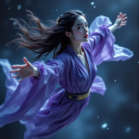 (A graceful woman in flight:1.4), (Dynamic floating movement:1.3), (Natural weightlessness:1.3), (Subtle forward lean:1.2), (Arms slightly extended:1.3), (One hand is stretched forward:1.2), (Elegant finger placement:1.2), (The robe flows naturally due to ...