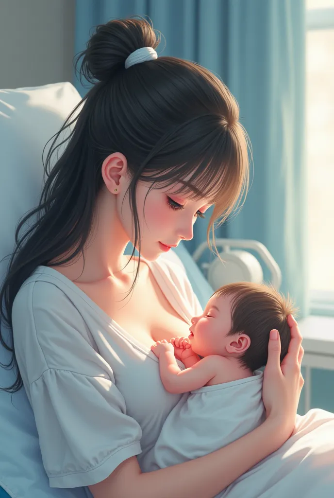 Anime girl breastfeeding a newborn in a hospital