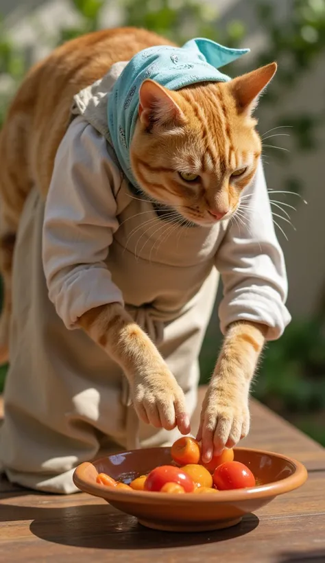 The orange spotted cat, wearing his beige linen apron tied tightly around his waist and a light blue bandana over his head, is leaning over a small clay bowl filled with water. He delicately dips carrots and tomatoes, rubbing them with his skilled paws and...