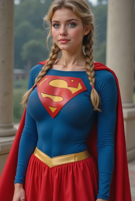 (A SEXY 17-YEAR-OLD BLONDE FEMALE AS SUPERGIRL) "A stunning, ultra-detailed 4K HD depiction of a classic 1980s Supergirl-inspired costume. The outfit features a bright blue, form-fitting bodysuit with a bold red and yellow emblem on the chest, a sexy red p...