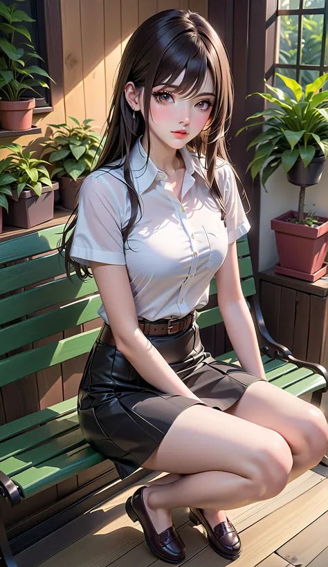 beauty young woman, sitting posed on bench, green bench, at indoor garden, BREAK, (side-up on middle head, dark hair, long straight hair), BREAK, ((white short sleeves collared shirt, untucked shirt), (black nylon pencil mini skirt, brown belt), black flat...