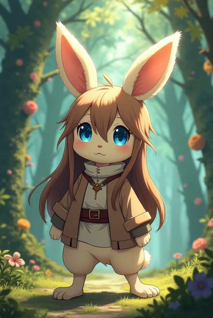 image of a anthropomorphic being resembling Nanachi from Made in Abyss. Her fur is cream color, with big blue eyes and long brown hair. She has furry rabbit ears and stands on both legs. She wears old townfolk clothes. Made in Abyss style, anime style. She...