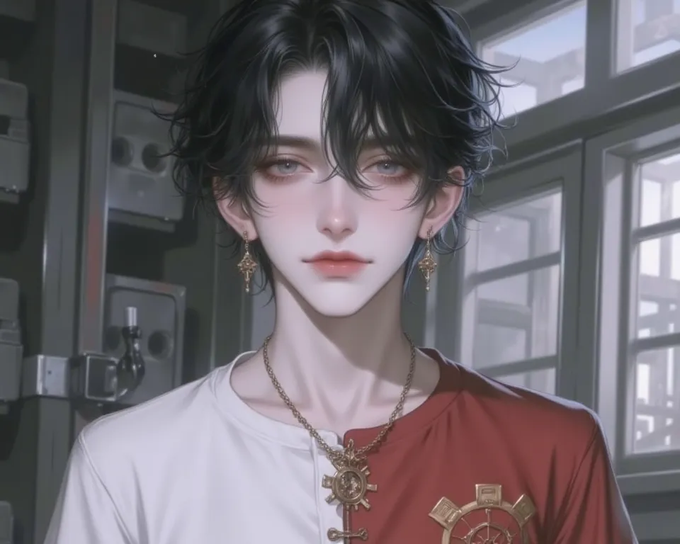 The man, with short black hair and blue-gray eyes, wearing a white shirt and a red engineering shirt, has a gear emblem on his left chest. He wears a cog-shaped necklace and has 14 pierced ears. He does not smile and has a passive face color. The backgroun...