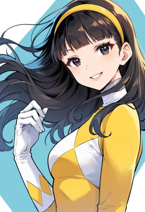 (score_9:0.9),score_8_up,score_7_up,rating_safe,anime style,(zPDXL),yellow bodysuit,yellow power ranger,yellow motorcycle helmet,1girl,solo,white gloves,looking at viewer,upper body,black eyes,holding helmet,helmet removed,blunt bangs,smile,long hair,black...