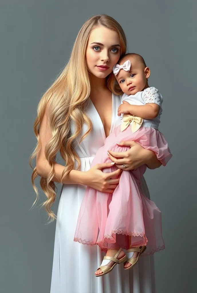 very beautiful  blonde girl with long hair and sensual with a big and fleshy mouth, small nose and upturned blue eyes, angelic face with breasts very beautiful in a long white dress sensual high heels very beautiful holding her newly born blonde daughter i...