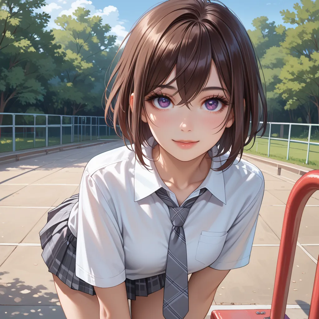 ((tomboy)), ((dark brown hair, short hair)), beautifully detailed hair, beautifully detailed face, beautifully detailed eyes, beautiful collarbone, beautiful body, beautiful legs, beautiful fingers, looking at viewer, uniform, purple eyes, droopy eyes, lar...