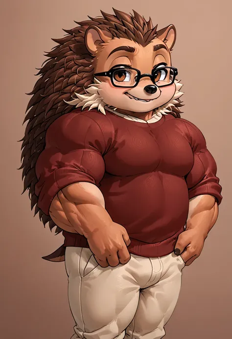 Little male hedgehog with very, very, very large muscles and very very very, very huge muscles and brown and cream colored fur and pretty brown eyes and he is wearing a dark red sweater and pants and glasses and his muscles are well toned and well defined ...