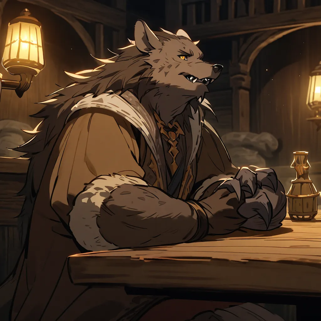 Character: A tall gnoll man with dark brown fur and a hyena head with a light build. short ears, golden eyes, thick fur, clawed hands, in dark aristocratic clothes with sleeves. Sitting at a table in a tavern in low light, looking away. Fantasy.