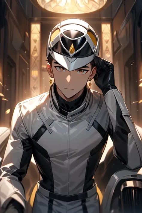  a boy, Greeting with love and peace, clothing a motorcycle suit, white helmet on his side,  brown eyes, beautiful eyebrows, 2 earrings in each ear