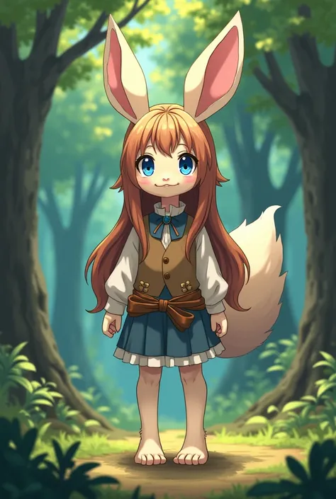 image of a anthropomorphic being resembling Nanachi from Made in Abyss. Her fur is cream color, with big blue eyes and long brown hair. She has furry rabbit ears and stands on both legs. She wears old townfolk clothes. Made in Abyss style, anime style. She...