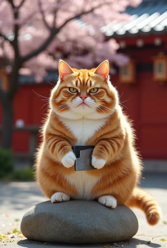 a photograph of chubby, orange tabby cat with a white chest and paws, wearing a determined expression, holding a large , sharp knife on a stone pedestal. The background features a traditional japanese garden with a red wooden fence, cherry blossom tree, an...