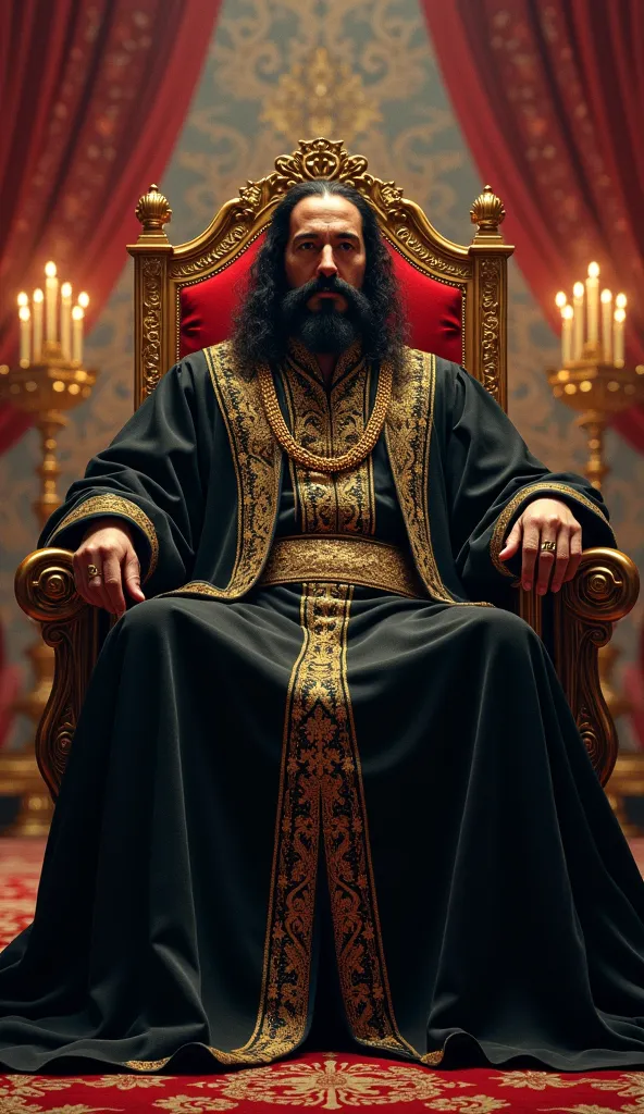 Sultan Selim I in the Throne Room – A regal depiction of Sultan Selim I seated on an opulent Ottoman throne, dressed in black robes with gold embroidery. His large mustache and long, flowing hair make him look imposing. The palace is adorned with intricate...