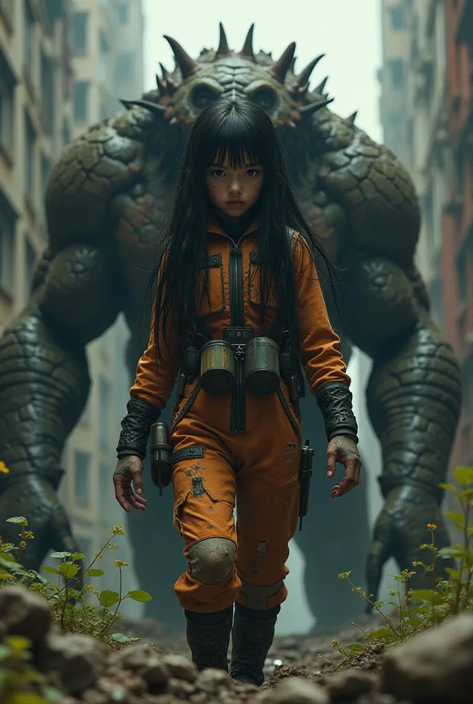 "A girl with long dark hair, dressed in a torn anti-gas suit, with wear and tear details. In a post-apocalyptic environment, with ruined buildings and vegetation growing among the rubble. The character is in a situation of vore, being devoured by a giant c...