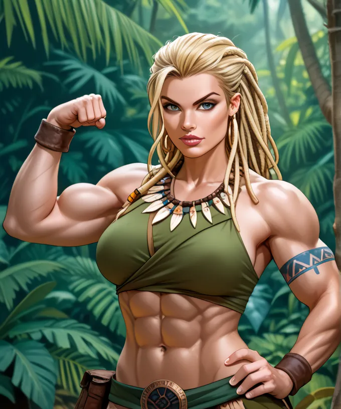 Attractive and powerful female fantasy warrior. Looks like a lithe female warrior. She is muscular and powerful. She wears a an outfit appropriate for jungle exploration. She is a warrior in jungle attire and tribal tattoos. Amazing long blonde dreadlock h...