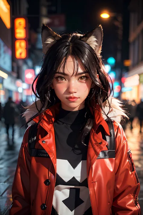 (better detailing, high quality), furry wolf, walking through the city, (night, bright lights, urban environment), (dynamic framing, fierce expression, messy hair), (bright red eyes, detailed coat), (colorful spots, wet streets), (focal point on the wolf's...