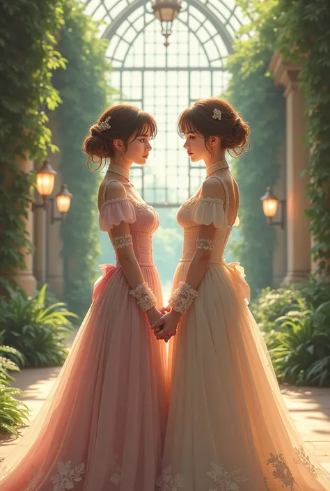 Two graceful women in victorian atrium anime 