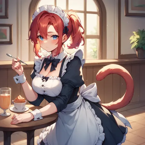 a buff female cat with red hair and blue eyes. she is wearing a maid outfit and is blushing while standing in a cafe