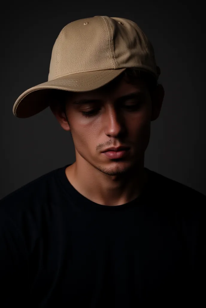 A boy with a thin beard and his head down wearing a beige baseball cap, Lighting Clara hde studio, dramatic lighting,  Magazine advertisement image, The boy has his head down 