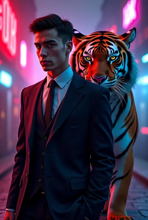 A mafia boy ...stand by a tiger ..make it neon light .when whole side are full at darkness
