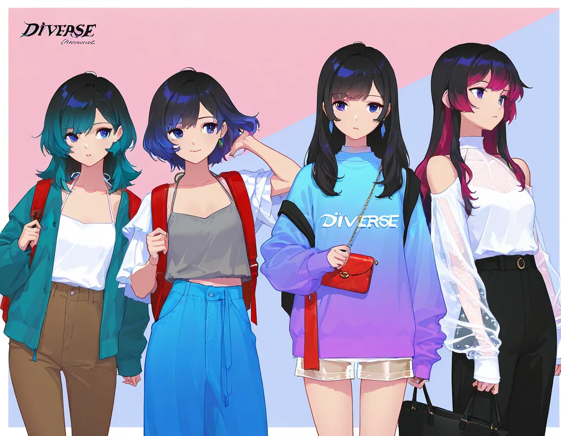 3 girls, anime characters, outfit designs, diverse outfits, (upper body character design), outfit design, fashion concept art, knit, shirt, shorts, skirt, blouse, halter neck, see-through, jacket, camisole, long pants, holding bag, different haircolor, bac...