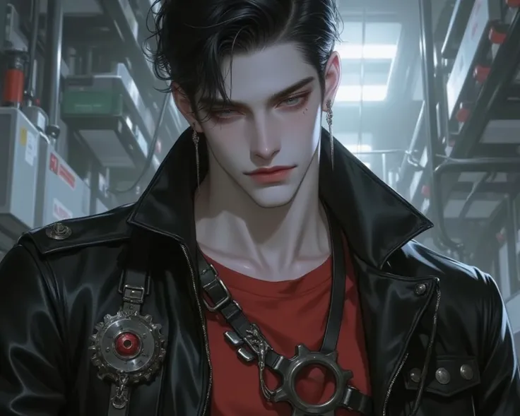 The man, with short black hair and blue-gray eyes, wears black muscle studs inside his outer jacket as a red engineering shirt, has a gear emblem on his left chest. He wears a cog-shaped necklace and has 14 pierced ears. He does not smile and has a passive...