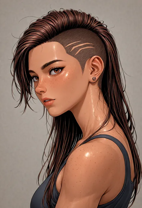  1girl, solo, looks like she is coming towards us, face forward ,with asymmentric hair, one temple is shaved, long  smooth  write hair is in the ither part of the head , shaving her side hair,undercut, super razor skin short undercut about the ears and on ...