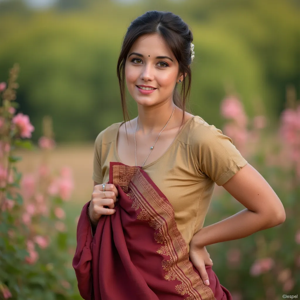 
The image depicts a young woman with a serene and graceful demeanor, embodying the essence of traditional Indian beauty. She is adorned in a simple yet elegant saree, which flows gracefully around her figure. The saree is typically made from a rich, deep ...