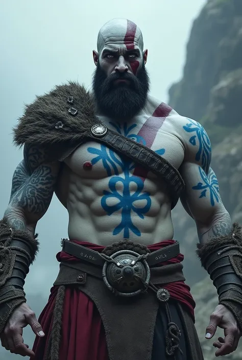 Kratos, peau grise, yeux blanc, tatouage bleus sur tous le corps,  grand tatouage de flocons de neige menaçant sur le torse