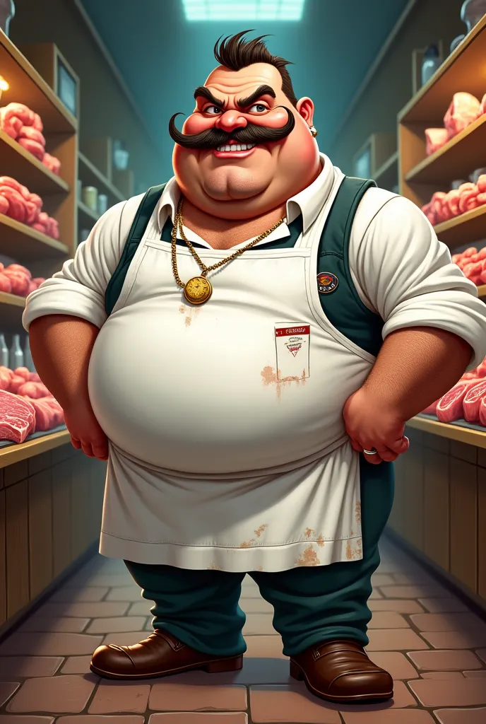 Create a caricature-style character for me who is a butcher,Rich and cocky 