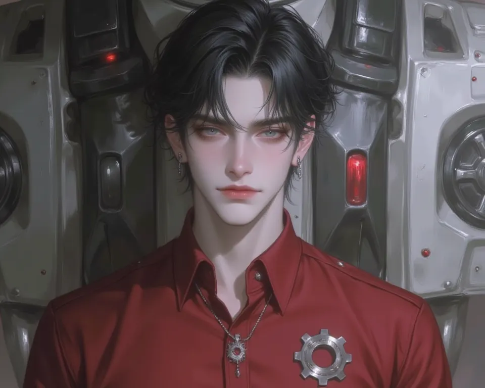 The man, with short black hair and blue-gray eyes, wears a red engineering shirt, has a gear emblem on his left chest. He wears a cog-shaped necklace and has 14 pierced ears. He does not smile and has a passive face color, frowns. The background is half an...