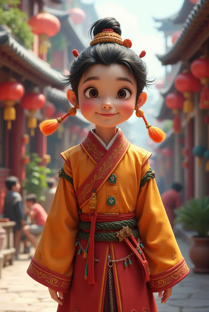 I want him to be friendly and wearing the traditional clothes in the city