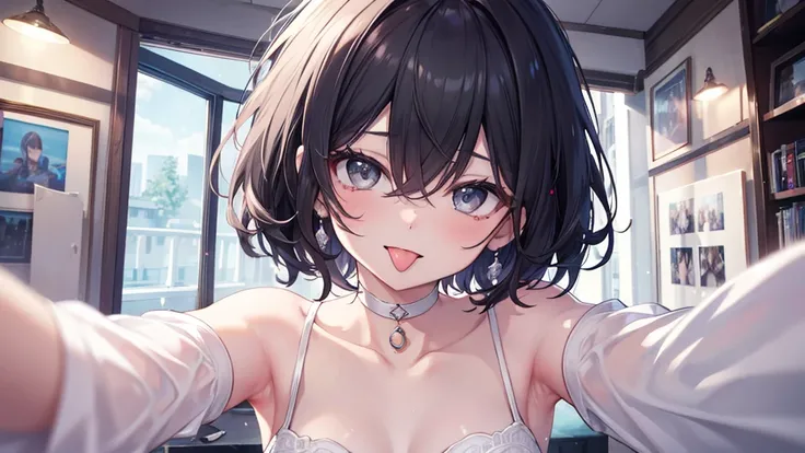  black short hair,  masterpiece ,  best quality , high resolution;, Improved detail ， best quality， perfect image quality， beautiful and sexy ,  first-person view , small dots under the eyes , pretty, 8K, , pure white skin,  beautiful,  glamour, Gray eyes,...