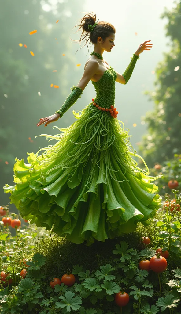 **AI Art Prompt:** **"Verdant Salad Sovereign"**  

A graceful, humanoid figure sculpted from crisp romaine leaves and spiralized zucchini ribbons, her form draped in a gown of shaved fennel fronds and edible flower petals. Her "hair" flows as a waterfall ...