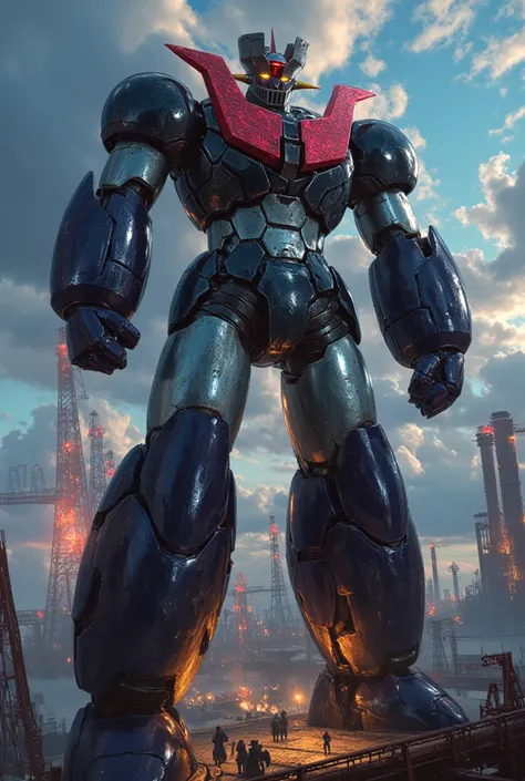  Modified Mazinger Z ,  Mazinger Z is 100 meters tall.  steel ,   Carbon Fiber  ,   Other industrial elements are also visible  ,  Just like the real thing  ,   I'm standing ahead at the height of a high-rise tower where high voltage current flows and emit...