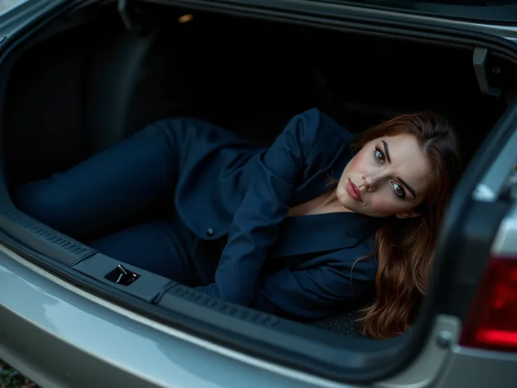 Lying entirely in the trunk of a car, Women,  long brown hair,  brown and gold eyes , dark blue trouser suit,  High Resolution , 