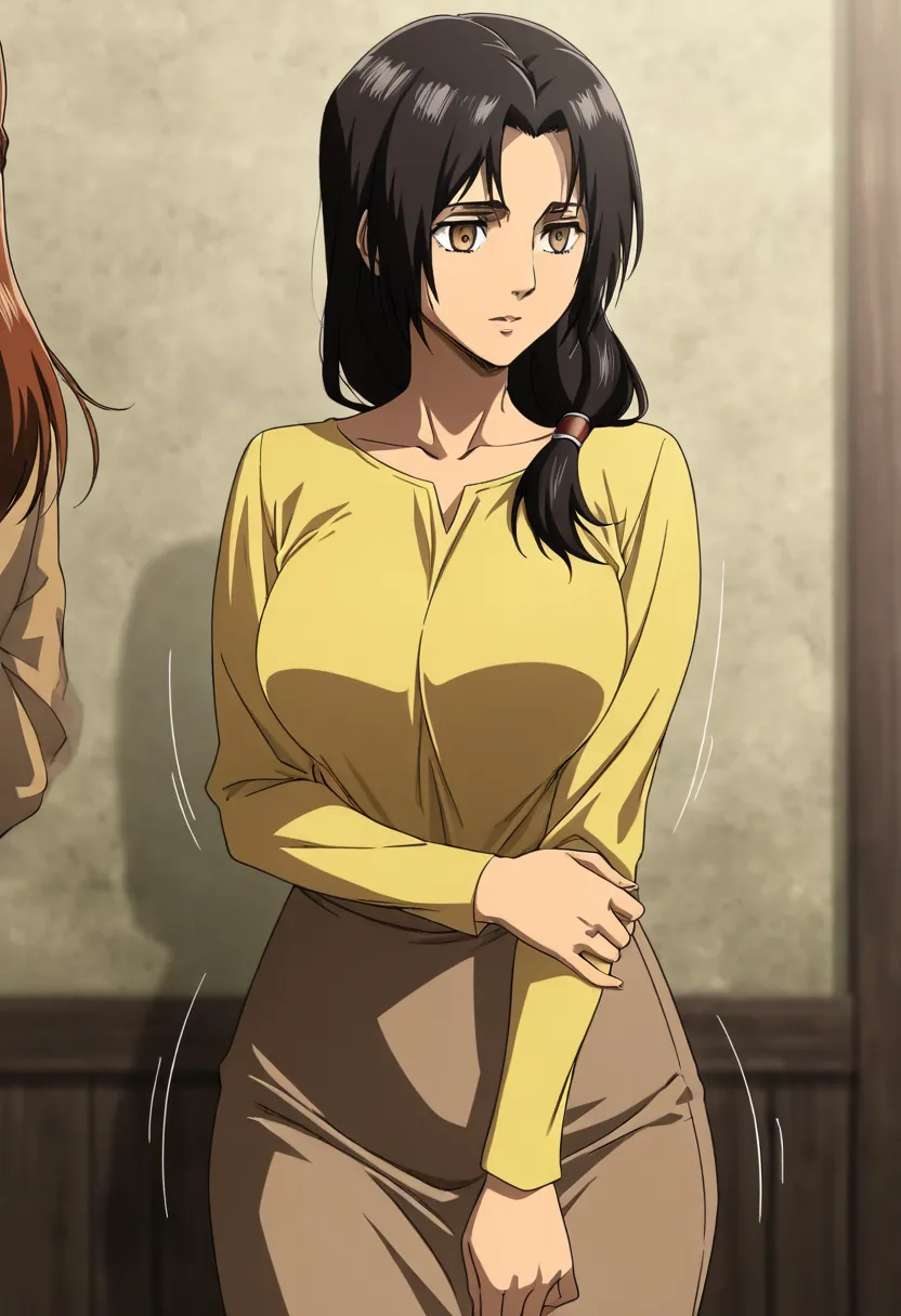 Attack on Titan、black hair、carla yeager, tucked-in yellow shirt, long sleeves, brown skirt,motion line、Anime Coloring、1koma、Big Tits、mature female、masterpiece、high quality、high image quality、 pretty finger、detailed faces