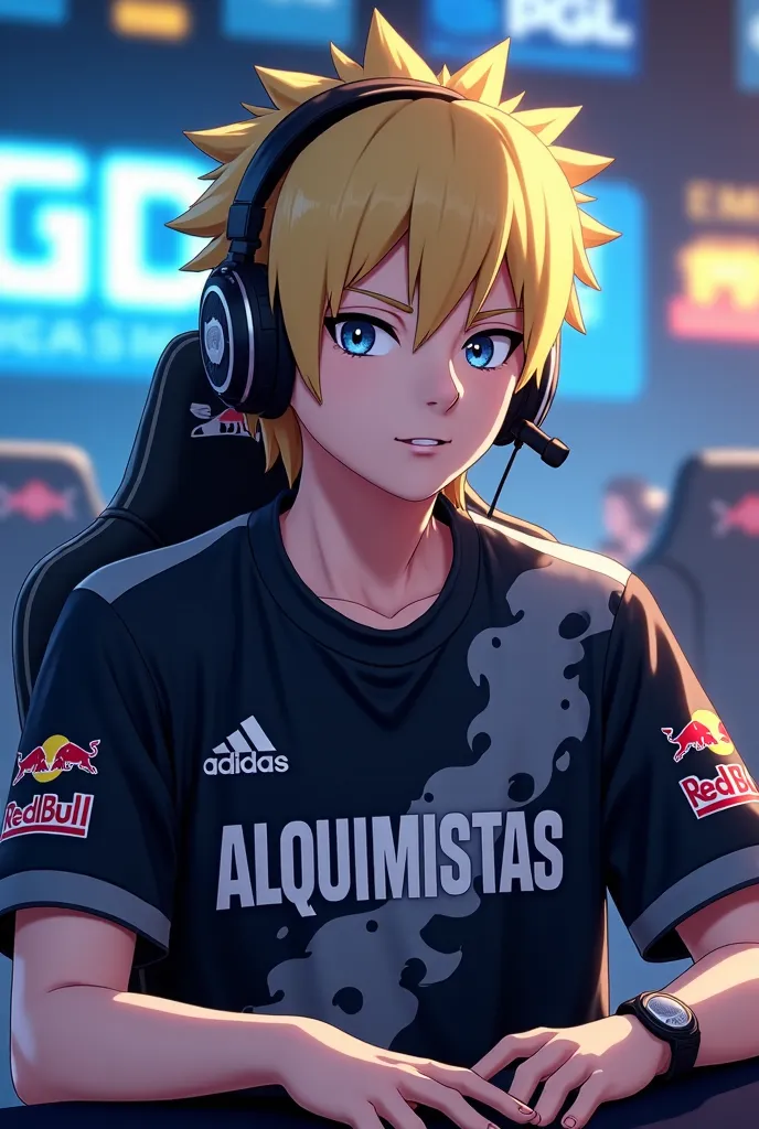 ((Masterpiece)), ((Ultra-detailed anime-style illustration)), ((8K resolution)), BREAK.  
A highly detailed and cinematic **mid-shot portrait** of **Naruto Uzumaki**, reimagined as a professional esports player, captured in a **competitive tournament setti...