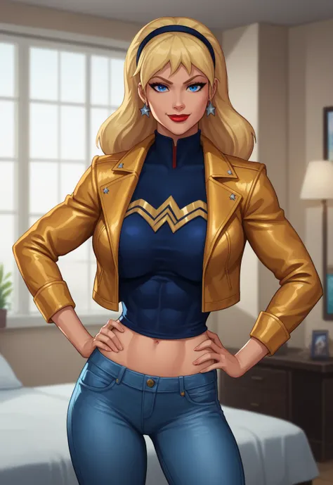 safe_pos, PonyXLV6_Scores BREAK (((parody style, parody:1.2)), perfect anatomy, cowboy shot) 1girl, blonde hair, blue eyes, ((looking at viewer)), hairband, gold leather jacket, star earrings, gold jeans, curvy,  athletic, standing, hand on hip, indoors, b...