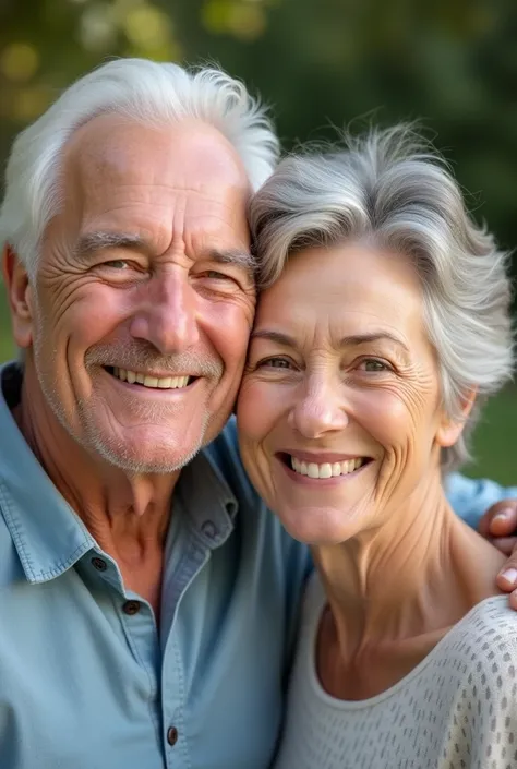 Two elderly people together side by side but with their faces close to each other smiling, you are a man in your 60s with white hair and light-colored skin, Your smile is beautiful and it transmits security to your partner. The lady has short and gray hair...