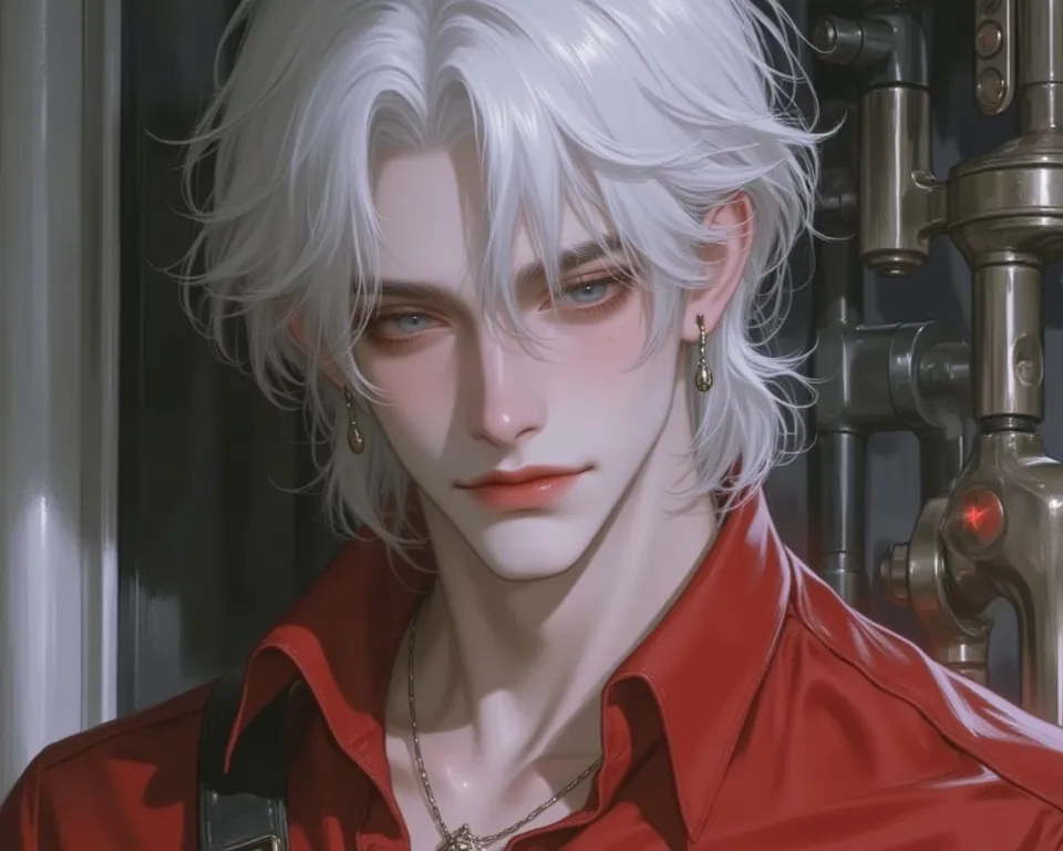 The man, with short white hair and blue-gray eyes, wears a red engineering shirt, has a gear emblem on his left chest. He wears a cog-shaped necklace and has 14 pierced ears. He does not smile and has a passive face color, frowns. The background is half an...