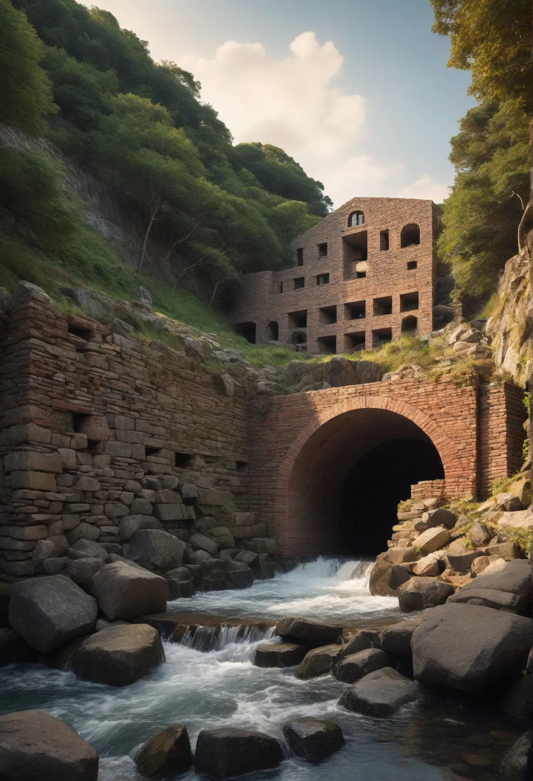 (An abandoned war tunnel,:1.2), 
(on a rocky coast, half embedded in the ocean, small waterfall:1.2), 
(stone and brick architectural masterpiece, inspired by mario botta:1.3), 
POV of an incredibly tal, made of BLACK limestone, surrounded by woods, rock c...