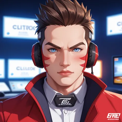 ((Masterpiece)), ((Ultra-detailed anime-style illustration)), ((8K resolution)), BREAK.  
A highly detailed and cinematic **mid-shot portrait** of **Naruto Uzumaki**, reimagined as a professional esports player, captured in a **competitive tournament setti...